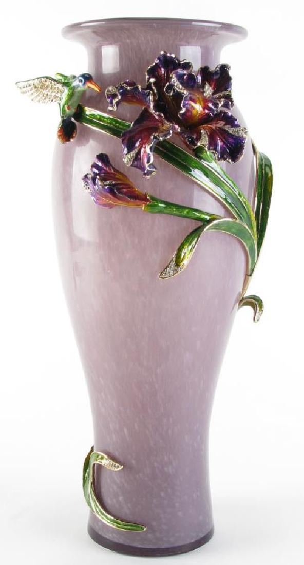 Jay Strongwater Jeweled Art Glass Vase: Jay Strongwater Jeweled Art Glass Vase, a beautiful lavender vase with applied floral and hummingbird decoration, Swarovski crystals accent the hummingbirds wings and flower and leaf tips, 15.5" high