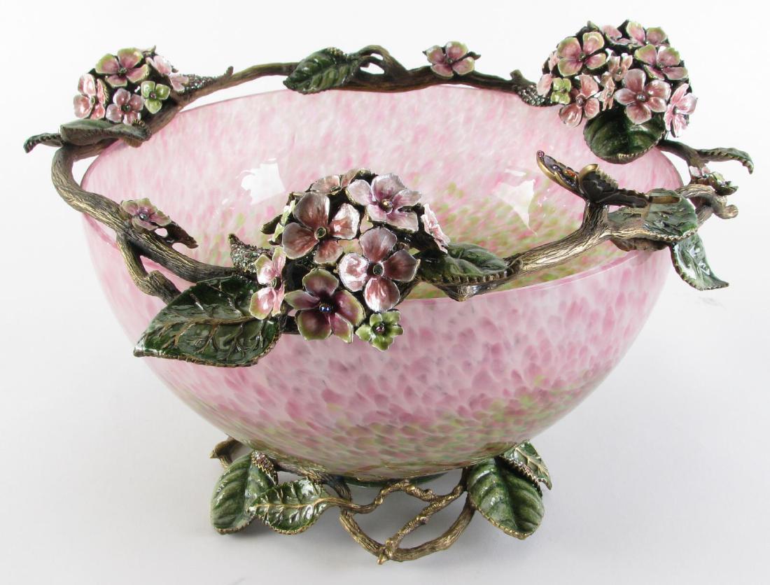 Jay Strongwater Art Glass Hydrangea Center Bowl: Jay Strongwater Art Glass Hydrangea Center Bowl, delicate dogwood branches, clusters of hydrangea blossoms, and a petite bejeweled butterfly grace the top of this striking pink and green glass bowl wh