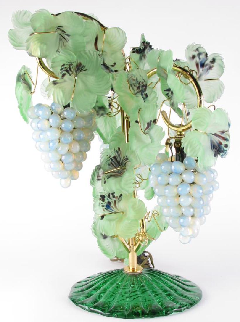 Italian Murano Art Glass Grape Cluster Lamp: Italian Murano Art Glass Grape Cluster Lamp, a three light lamp with brass arms supporting green textured leaves with blue and purple accents, three removable glass grape clusters surround the bulbs, 