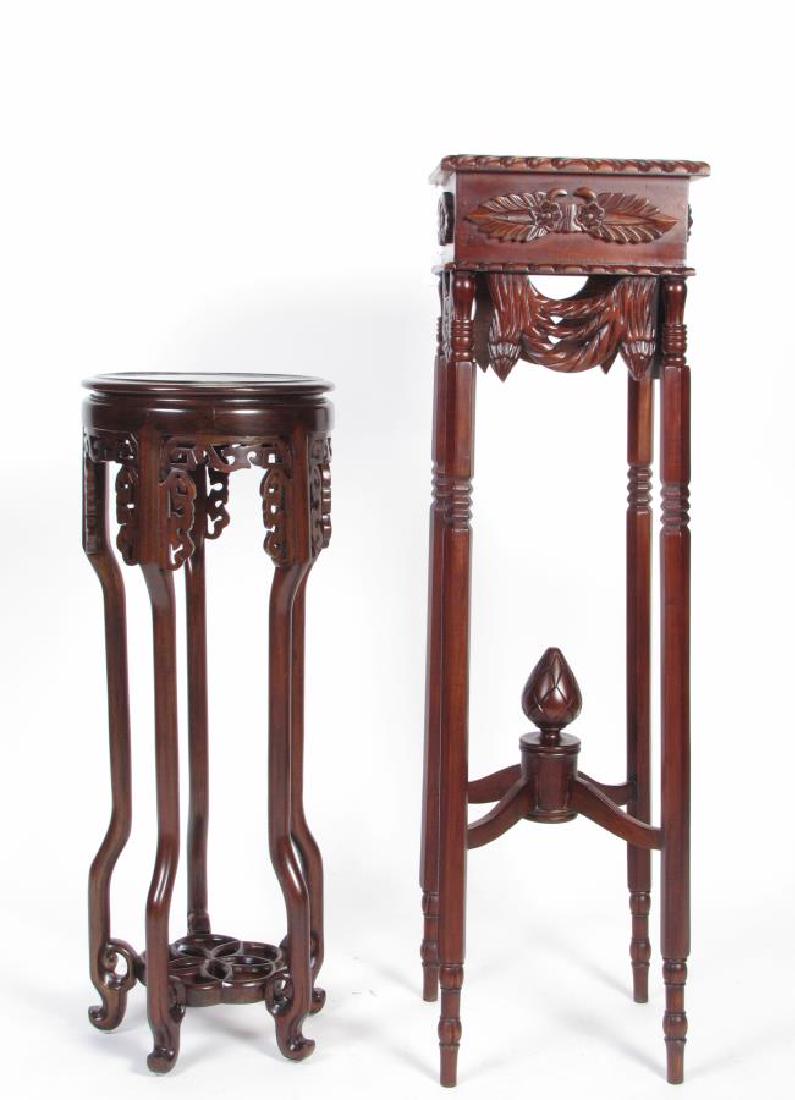 Two Carved Mahogany Pedestals: Two, carved mahogany pedestals, both late 20th century, first is Oriental motif, 12" dia x 32"h , second is transitional style, with inverted acorn finial, 12" x 12 x 42"h