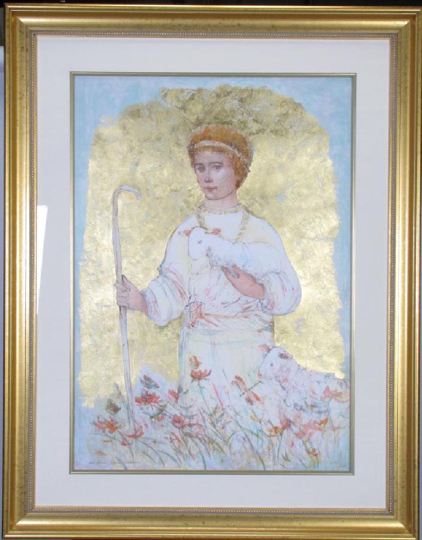 Edna Hibel Ltd Edition Lithograph: A limited edition lithograph by Edna Hibel (American,1917 - 2015), depicting young King David with staff and lambs, signed lower left "With Love", and numbered 125/150 lower left, overall dimensions 5
