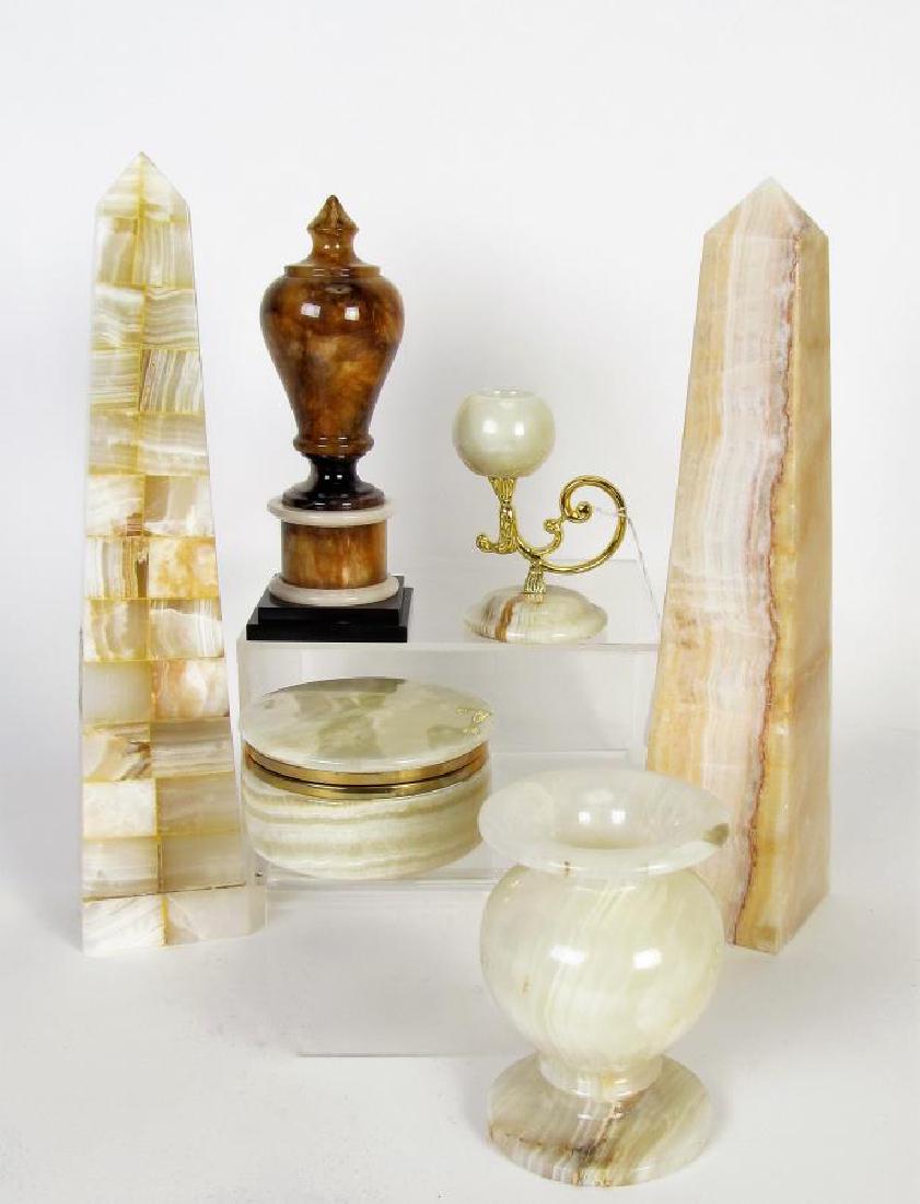 Group of Carved Onyx Decorative Accessories: Group of Carved Onyx Decorative Accessories, six total including: pair of obelisks; lidded dresser box; alabaster and brass candle holder; vase; urn mounted to black stone base; 2"-13.75" high