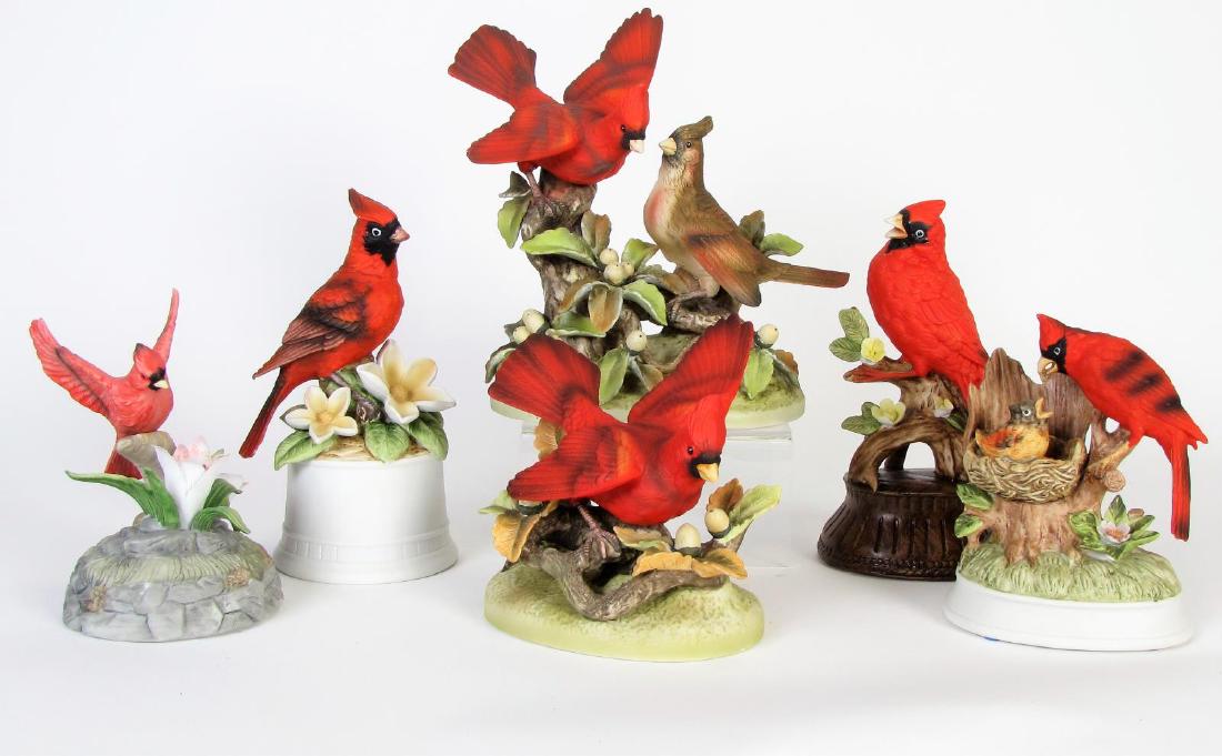 Group of Porcelain Bird Figures: Group of Porcelain Bird Figures, six total including: male and female cardinal, Andrea by Sadek; Gorham music box; cardinal, Andrea by Sadek; two music boxes; Lefton China cardinal perched on flowers;