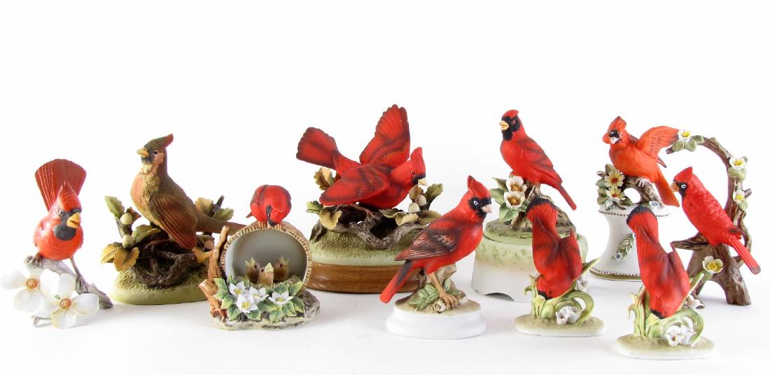 Ten Porcelain Cardinals: Ten Porcelain Cardinals including five by Lefton China; two Andrea by Sadek; one Kaiser and two unmarked; 4.25"-8.25" high
