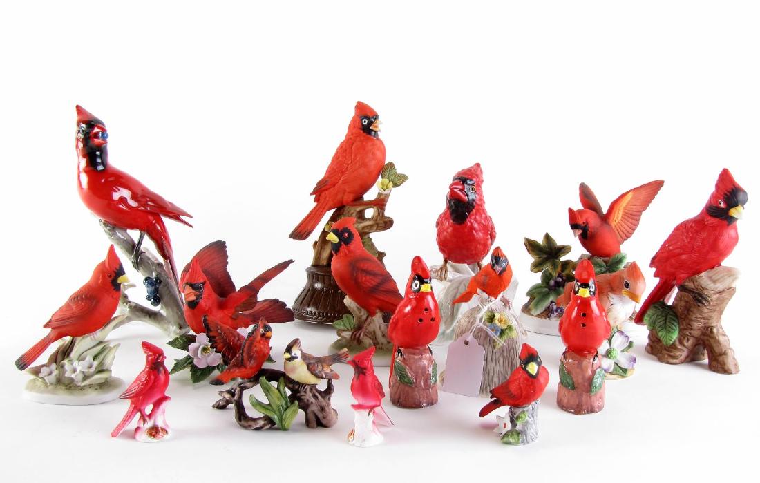 Sixteen Porcelain Cardinals: Sixteen Porcelain Cardinals including: one Hutschenreuther Germany 1814 Cardinal with berries; four by Lefton China; Lenox; Towle bell; Salt & Pepper marked Japan; two Shiken bone china miniatures; An