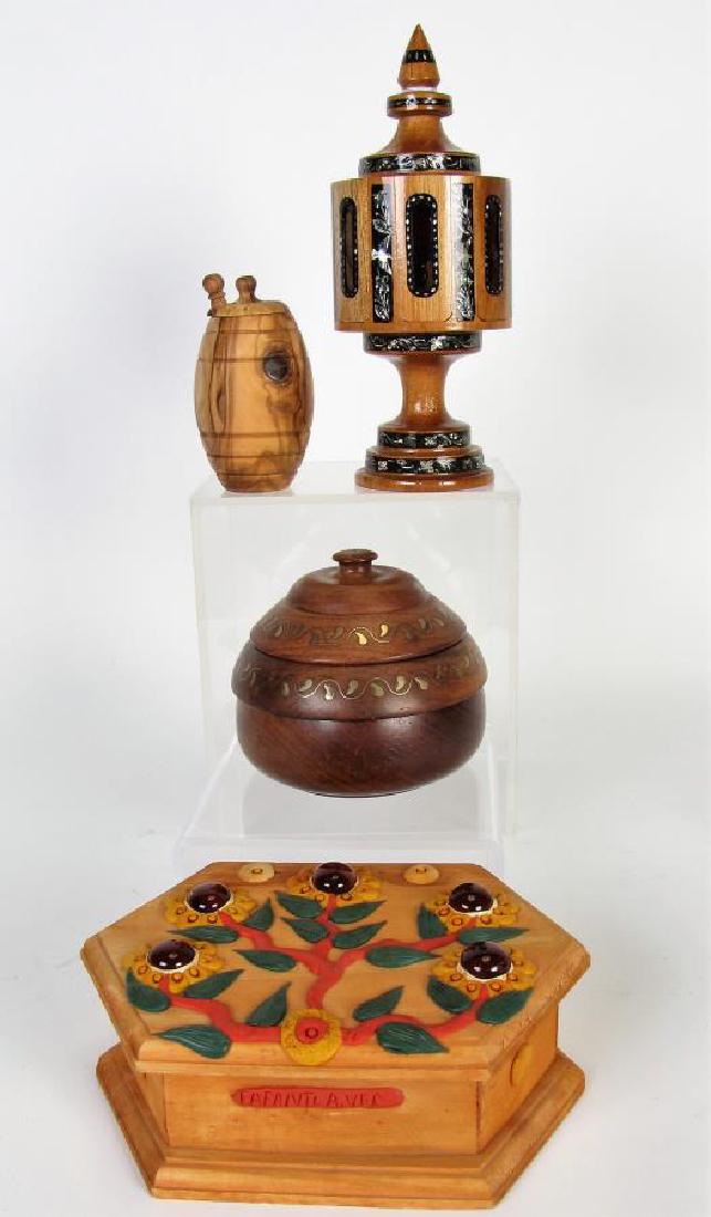Group of Wooden Decorative Accessories: Group of Wooden Decorative Accessories, hand carved display housing eight miniature stringed instruments, panels slide up to reveal miniatures, abalone bird and floral inlay; honey pot; three section