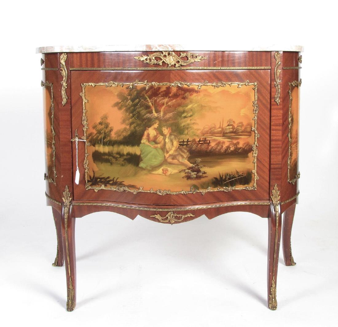 French Marble Top Commode: French marble top commode, serpentine front, door has decoration depicting romance scene with figures in period dress, ca mid 20th century, 35 x 17 x 33"h