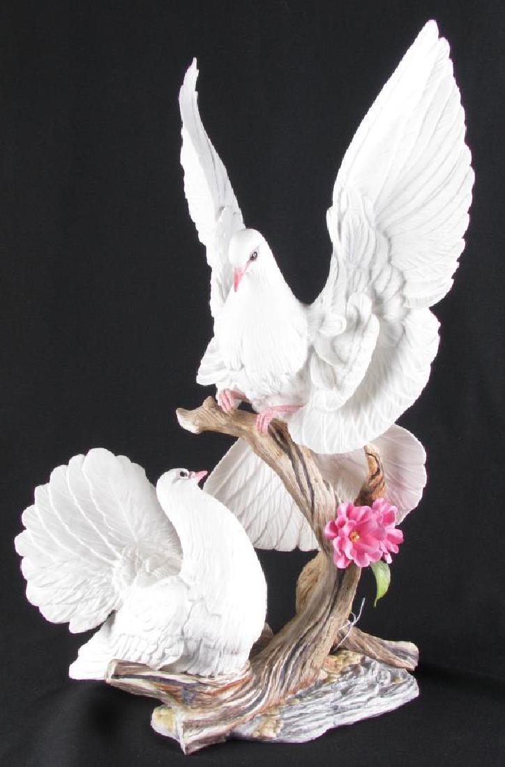 Boehm Porcelain Dove with Cherry Blossom Grouping: Boehm Porcelain Dove with Cherry Blossom Grouping, Commemorates the Boehm porcelain exhibition in Moscow, USSR in 1987, Limited Edition #237, depicting two perched doves, one with spread wings, 10" x 