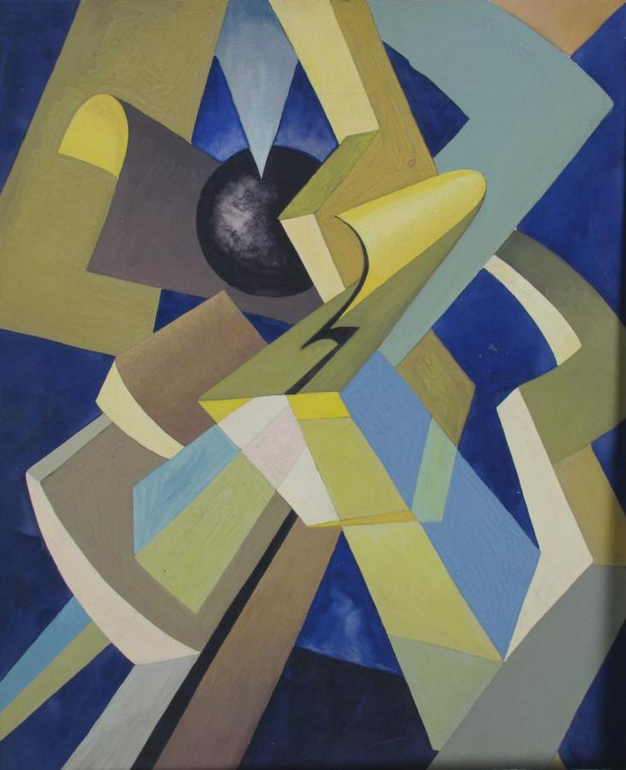 Max Howard 23x19 Tempera/B "Black Ball": Max Howard (IN, 1909-1995) 23x19 , Tempera/B , signed verso , "Black Ball" , Depicting: abstract geometric unframed; taped to mat; HS # 910482