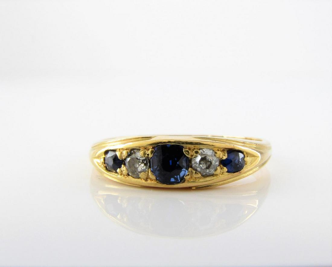 Vintage 18K Sapphire, Old Mill Diamond Ring: A vintage 18K yellow gold, European hallmarked, ring with sapphire and old mine cut diamonds, 2dwt, size 8