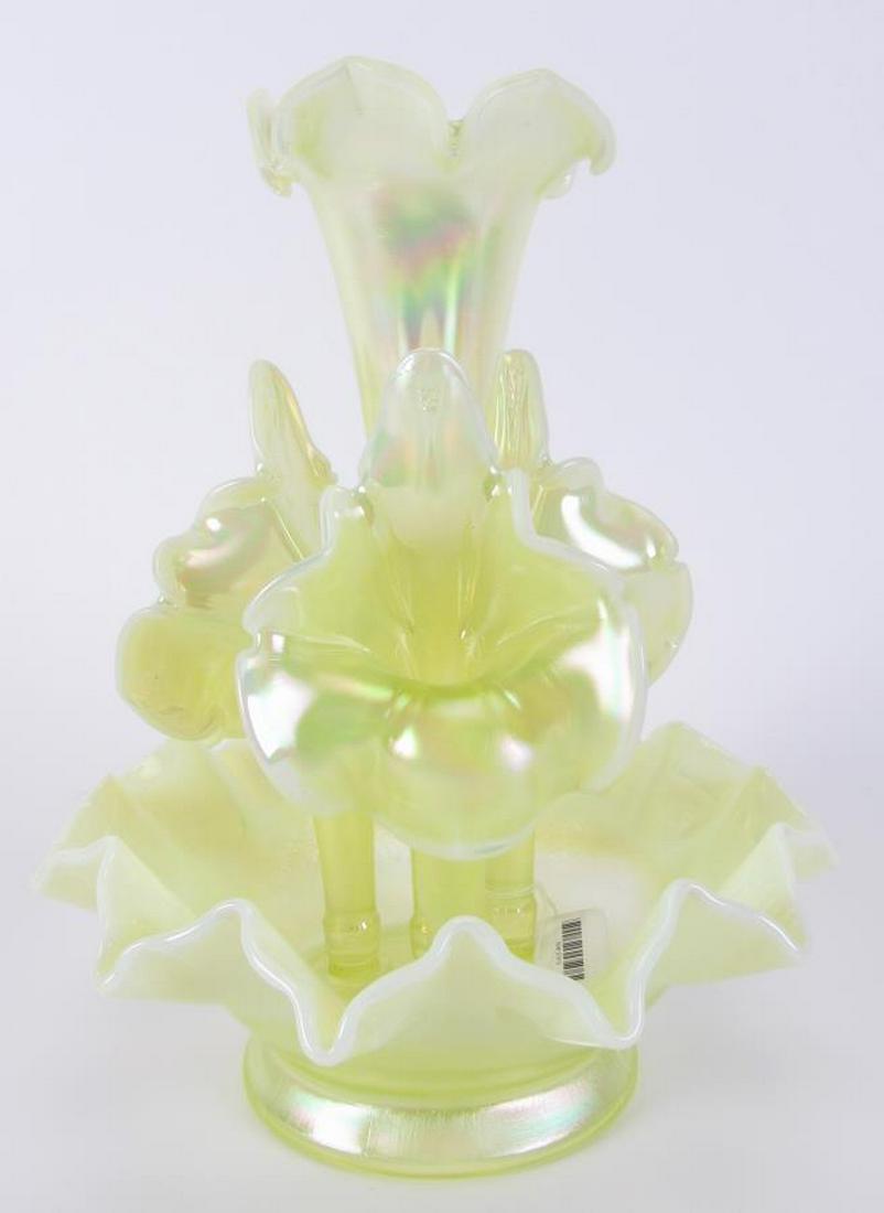 Fenton Opalescent Vaseline Glass Epergne: A Fenton, opalescent, vaseline glass epergne, four removable horns, each piece marked Fenton, 13" high
