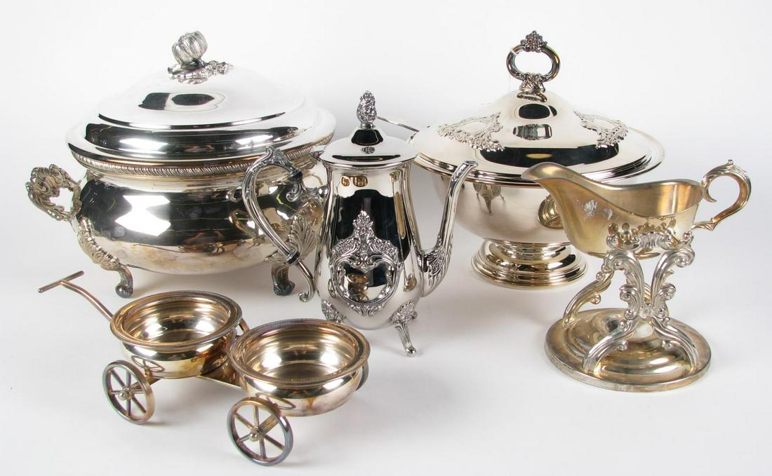 Silver Plate Coffee and Tea Service: 17 silver plate items including Oneida round lidded tureen with ladle; coffee pot; tea pot; creamer and lidded sugar; and salt and pepper; a lidded casserole with squash finial; oval tray; a pair of f