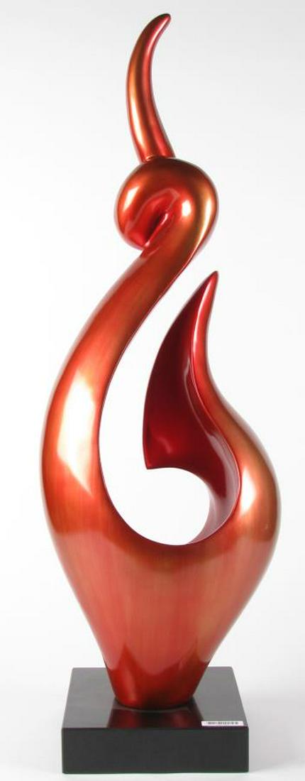 Modernistic Floor Sculpture: A red free form composite floor sculpture on black square marble base, 32" high