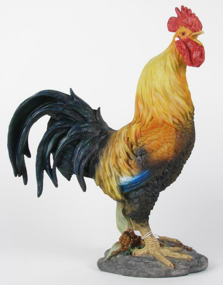 Decorative Rooster Figure: Decorative Rooster Figure, composite standing rooster with corn at its feet, realistic form and feathers, 17.5" high