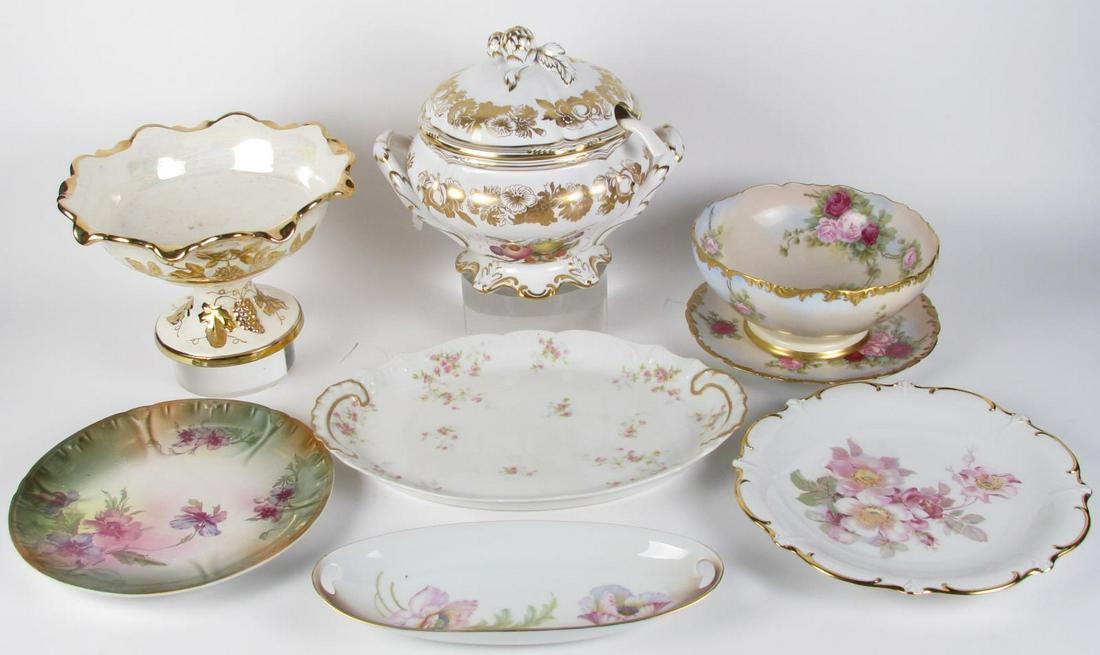 Decorated Porcelain: Seven decorated porcelain items including a Spode Golden Valley lidded soup tureen, 10.25" high; a Fay Wetherow, two-piece compote; Tom & Victor hand painted Limoges bowl with rose decoration, with ma