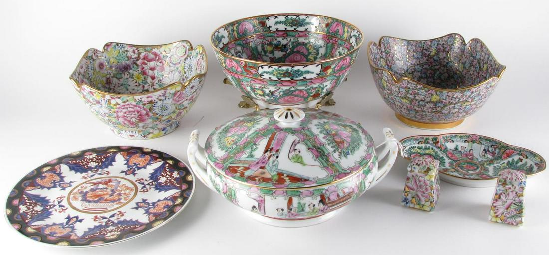 Eight Oriental Decorated Porcelain Items: Eight Oriental Decorated Porcelain items including: two bowls with floral decoration; a rose Famille, oval dish; salt and pepper shakers with floral decoration; lidded casserole with rose Famille deco