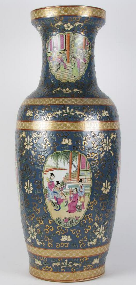 Oriental Porcelain Floor Vase: An Oriental porcelain floor vase, blue ground with medallions depicting garden and interior figural scenes, cream and green floral decoration, Oriental characters on underside, 30.25" high