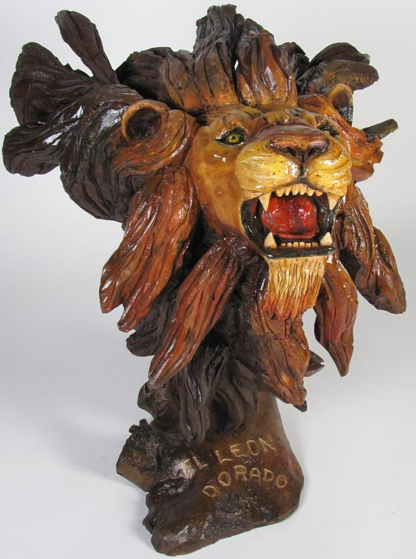Large Carved Wood Lion Sculpture: Carved sculpture depicting roaring lion, polychrome finish, inscribed "El Leon Dorado" (The Golden Lion) on base, tag verso "Arte en Madera" gallery, approximately 33"h x 26" x 27"