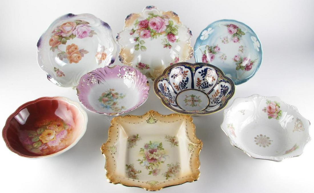 Eight Decorated Porcelain Bowls: Eight decorated porcelain bowls including a J.S. Bavaria bowl with pink and peach roses; a Noritake bowl with hand painted blue floral decoration; a Firenze china bowl with hand painted decoration; a 