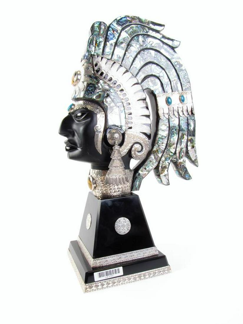 Abalone, Obsidian, Turquoise King Pacal Bust: Bust depicting King Pacal, Aztec Mayan warrior, with abalone headdress, decorated with metalwork and turquoise cabochons, obsidian base, decorated with metal medallions, 16.75" high