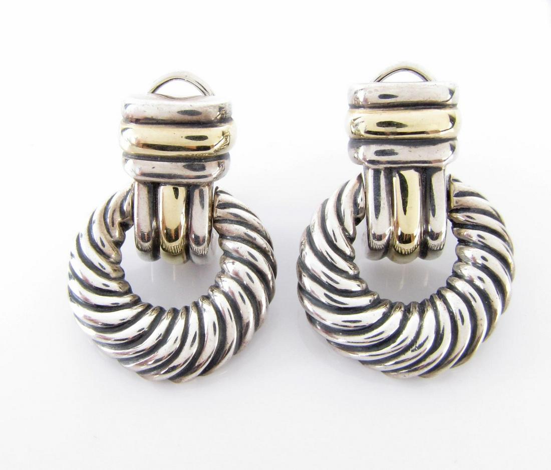 David Yurman 14K, Sterling Cable Style Earrings: A pair of David Yurman door knocker, cable style earrings in 14K and sterling silver