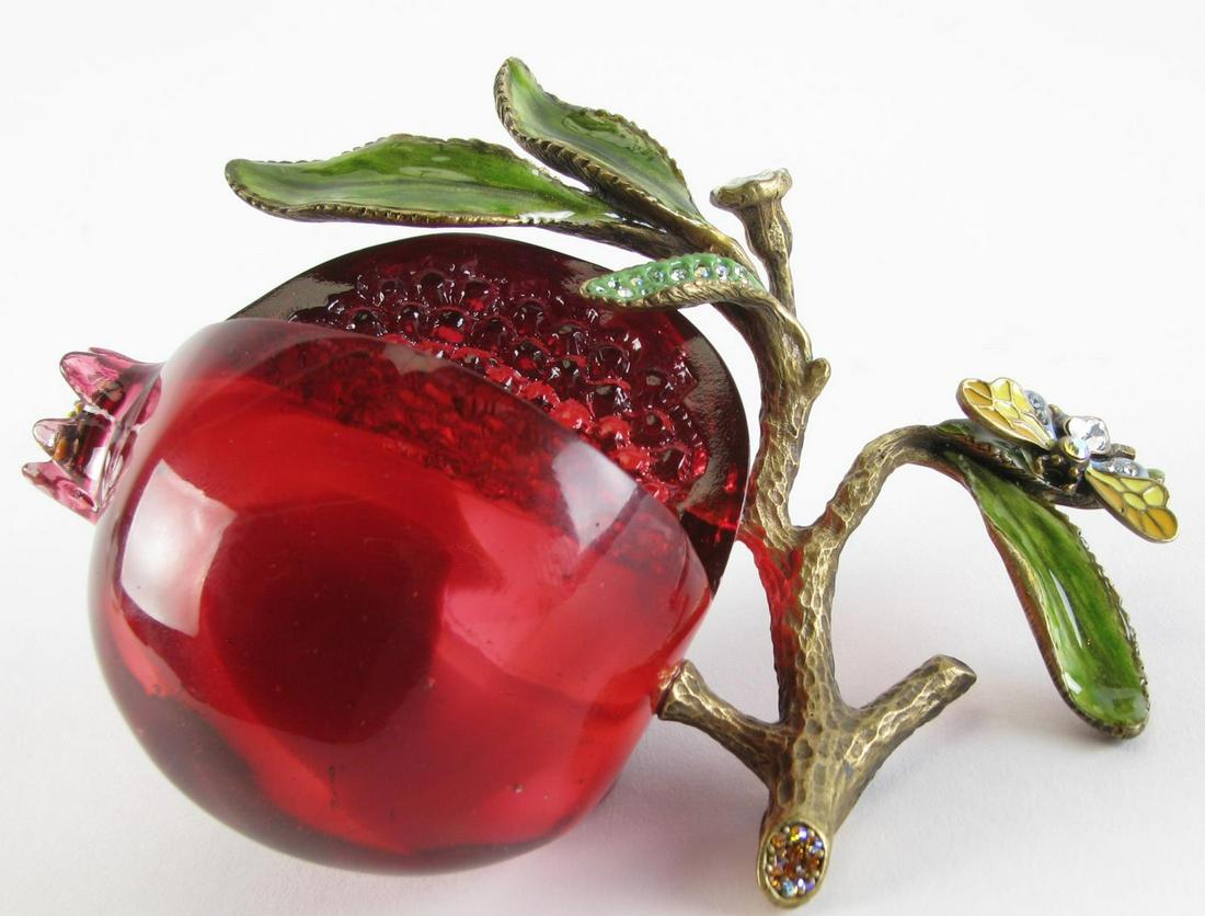 Jay Strongwater Ruby Crystal Pomegranate: A Jay Strongwater Ruby Red Crystal Pomegranate from the Rosabella Flora and Fauna Collection, enamel over metal, handset multicolor Swarovski crystals. 3 1/2" diameter, 6" long, 3 1/2" tall