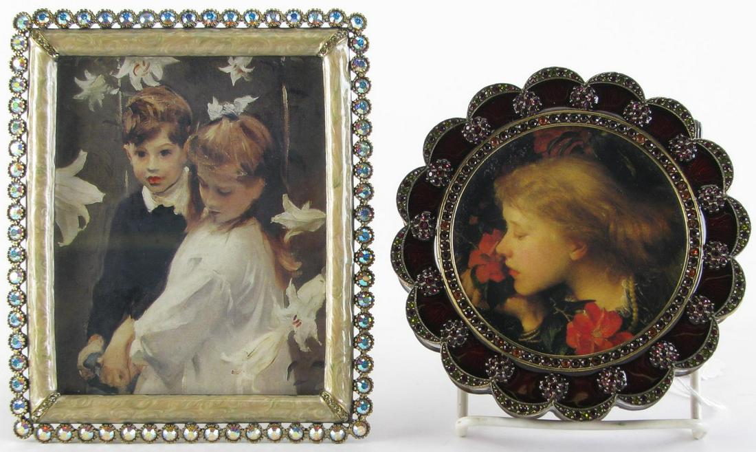 Jay Strongwater Picture Frame and Dresser Box: A Jay Strongwater rectangular picture frame, trimmed in Swarovski crystals, gold swirl enameling, missing two glass supports, fits a 4" x 5" photo, 5.25" x 6.25" overall dimensions; and an unsigned Ja
