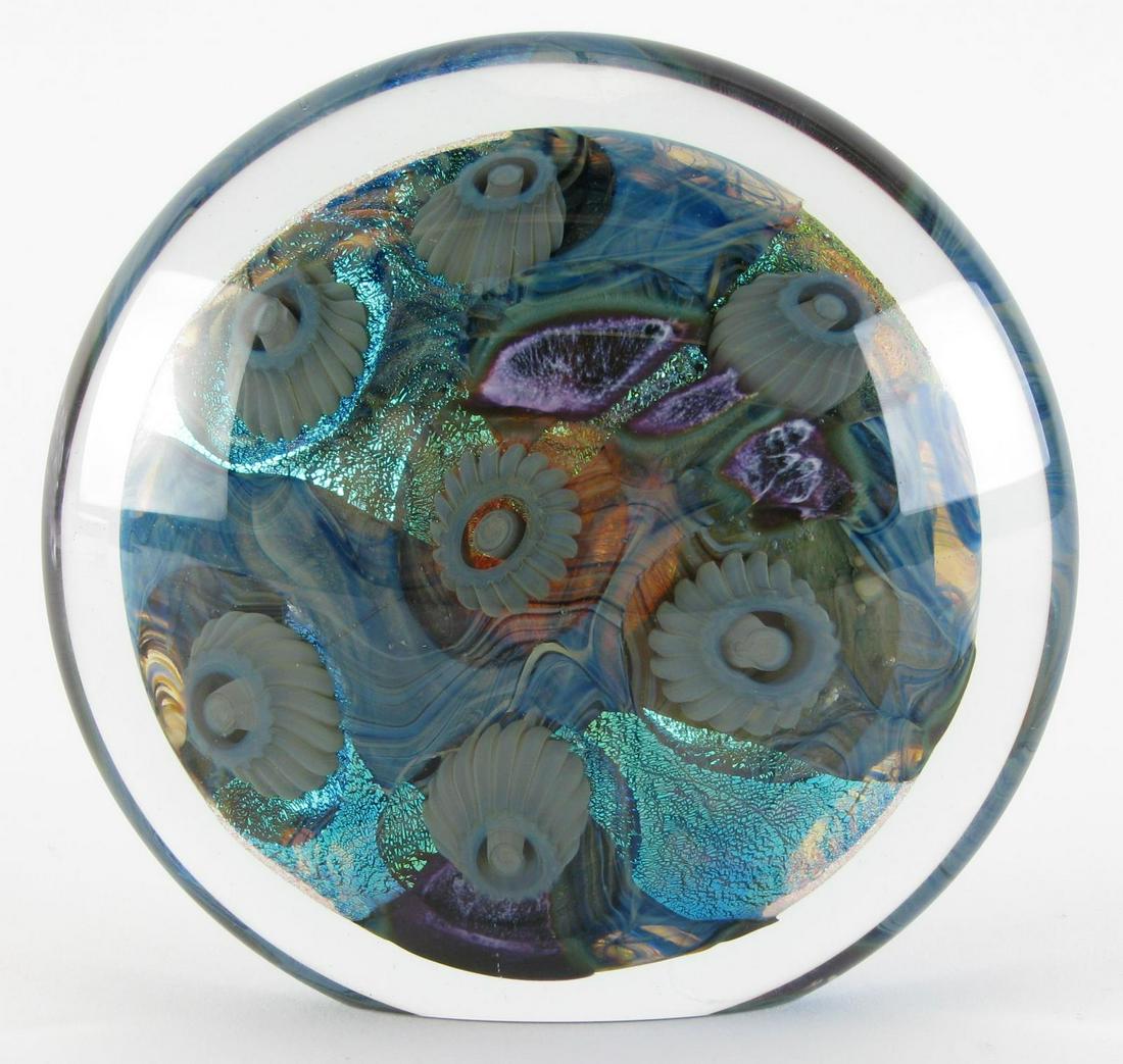 Robert Eickholt Art Glass Sculpture: Robert Eickholt Art Glass Sculpture, clear round sculpture internally decorated with blue iridescent and purple glass; signed on bottom "Eickholt, 2006, DDS", 6" high