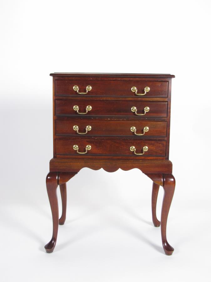 Cherry Queen Anne Style Flatware Chest: A Queen Anne style cherry flatware chest, brass pulls, cabriole legs, 4 drawers with fitted interior, 20th century, 24 x 15 x 36"h
