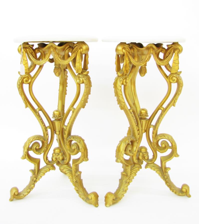 Pair of Gold Scroll Drake Tables by Design Toscano: Pair of Gold Scroll Drake Table by Design Toscano, faux marble (composite) top, 14.5" dia x 28"h