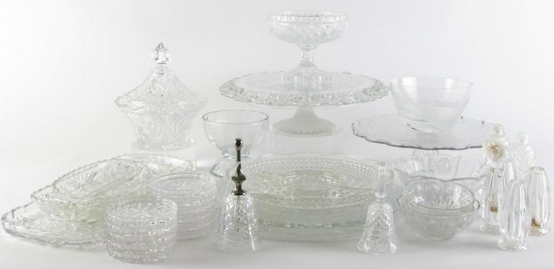 Decorated Glassware Collection: Forty-three decorated glassware items including two round trays; a round divided tray with chip and dip bowl; a Lenox frosted and clear bowl; two footed bowls; a compote; a lidded candy dish; two cake