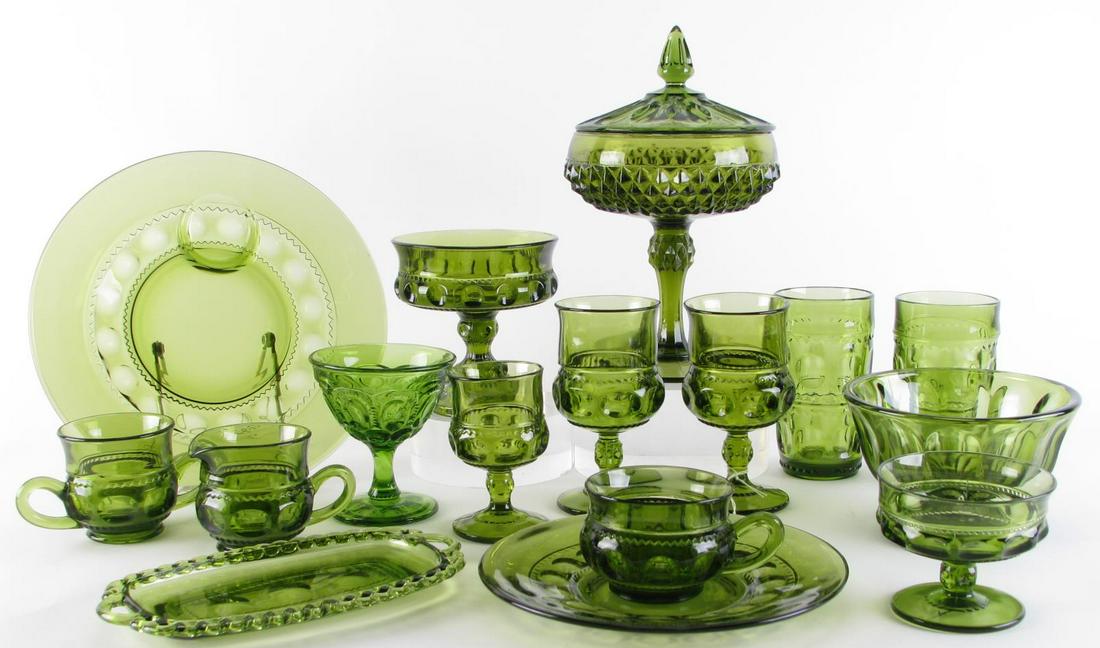 Collection of Green Pattern Glass: 111 pieces of green pattern glass including (19) tumblers; (33) wine glasses; (1) dessert wine; (1) lidded compote; (1) footed cup; (17) Sherbets; (1) bowl; (3) open sugars; (2) creamers; (1) footed b