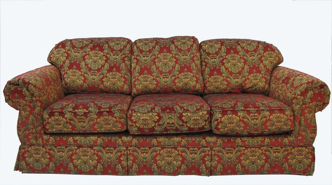 Bancroft and Bliss Upholstered Sofa: A decorator quality sofa by Bancroft and Bliss, three cushion, rolled arm, full skirt, 88"l