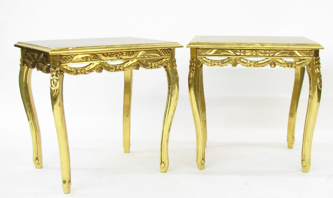 Pair of Gold Leaf Carved Side Tables: A pair of French transitional gold-leaf carved side tables, wood frames, 23.5 x 20 x 24"h