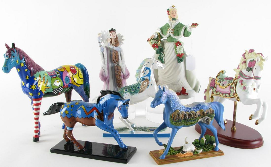 Artist Painted Horse and Porcelain Figures: Artist painted horse figures including composite Art in the City painted horse, artist signed Martens; three "The Trail of The Painted Ponies" including porcelain Thunder Horse, a resin Rolling Thunde