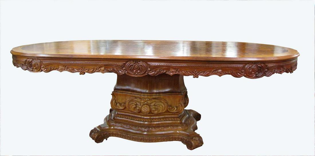 Carved Pedestal Dining Room Table: A formal dining room table, burl veneer top, carved, single pedestal base, oval top (solid top, no leaves), 96"l x 47"w x 30"h