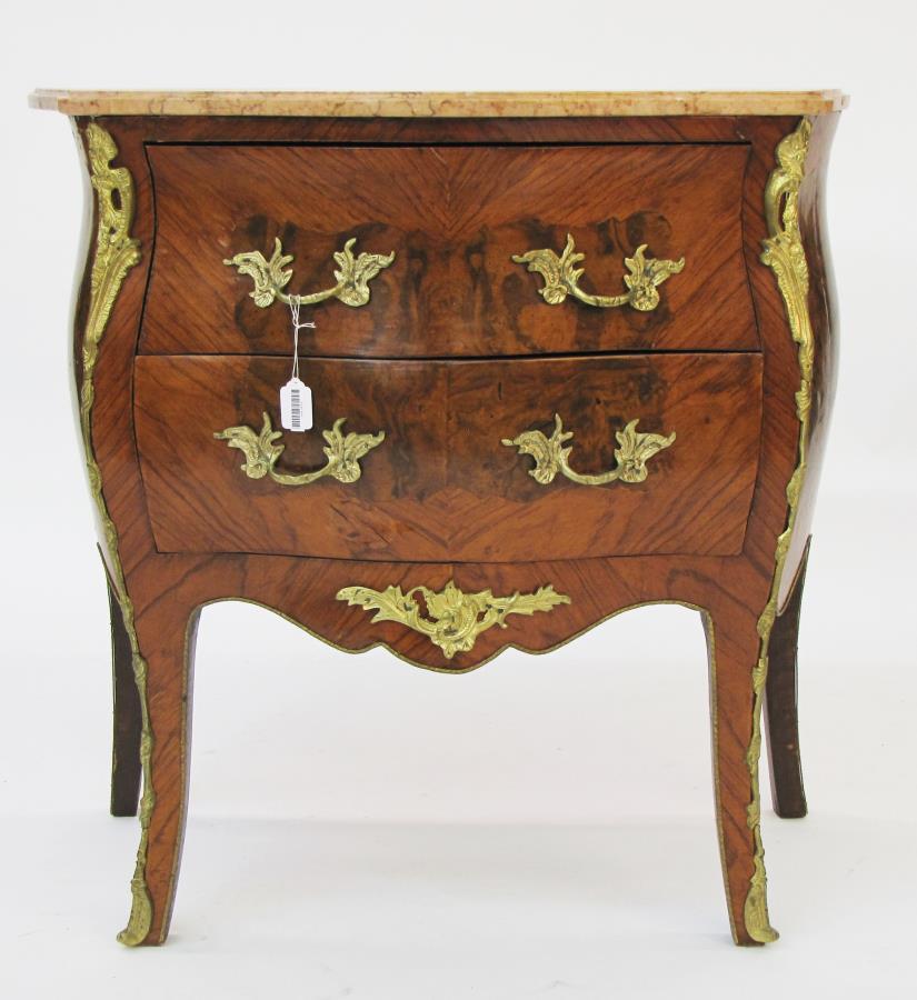 French Bombe Style Marble Top Commode: A French Bombe-style, marble top commode, two drawers, rouge marble, mounted ormolu, burl veneer, 32.5 x 18 x 31"h