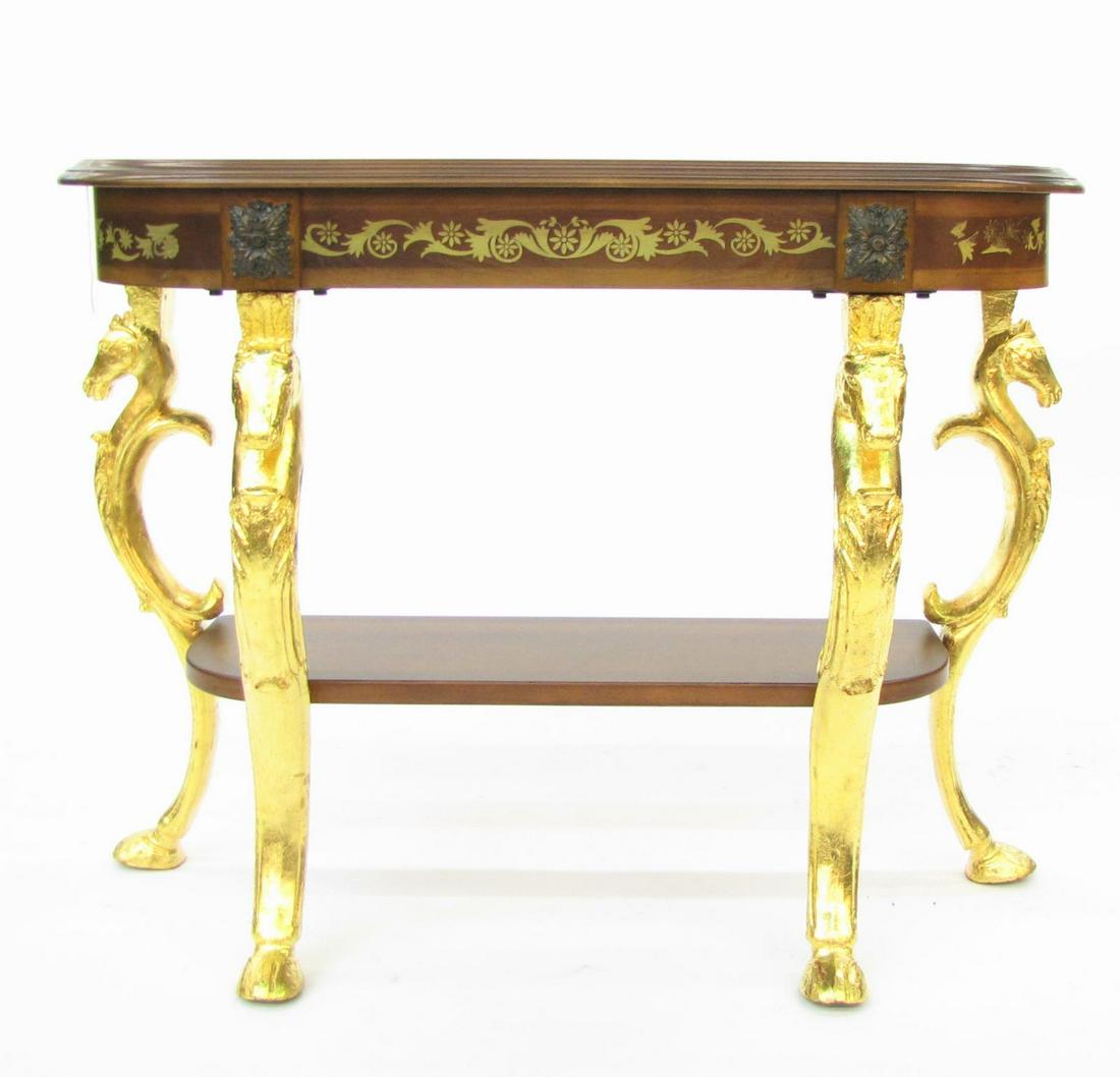 Figural Console Table: A figural console table, horse motif carvings on legs with hoof feet, gold leaf finish, top with painted floral decoration, 20th century, 41 x 14.5 x 31"h