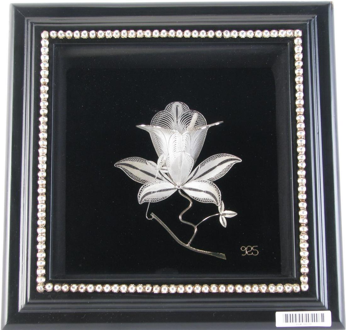 Delicate, Filigree Sterling Silver White Lily: A delicate, filigree sterling silver white lily in black shadow box frame with beaded decor, .925 applied to backdrop, back of frame is sealed, maker / hallmarks cannot be viewed. Size as framed 11" x