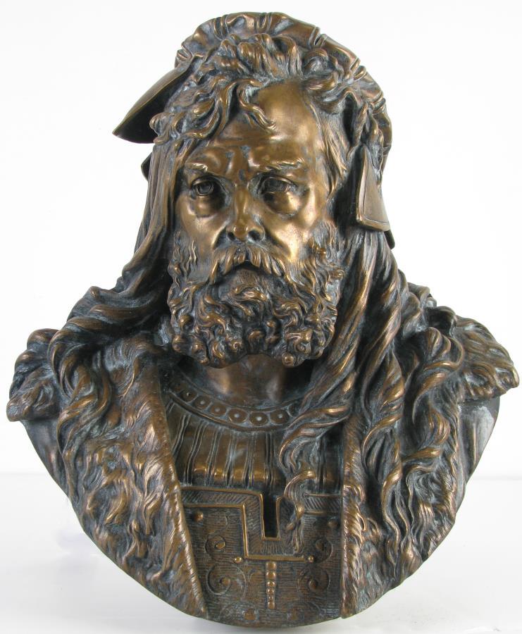A. Carrier Bronze Cast of Albrecht Durer: Auguste Joseph Carrier (French, 1800-1875), Bust of Albrecht Durer, cast bronze, cast signed "A. Carrier" on reverse, 13" x 7.5" x 14.5" h