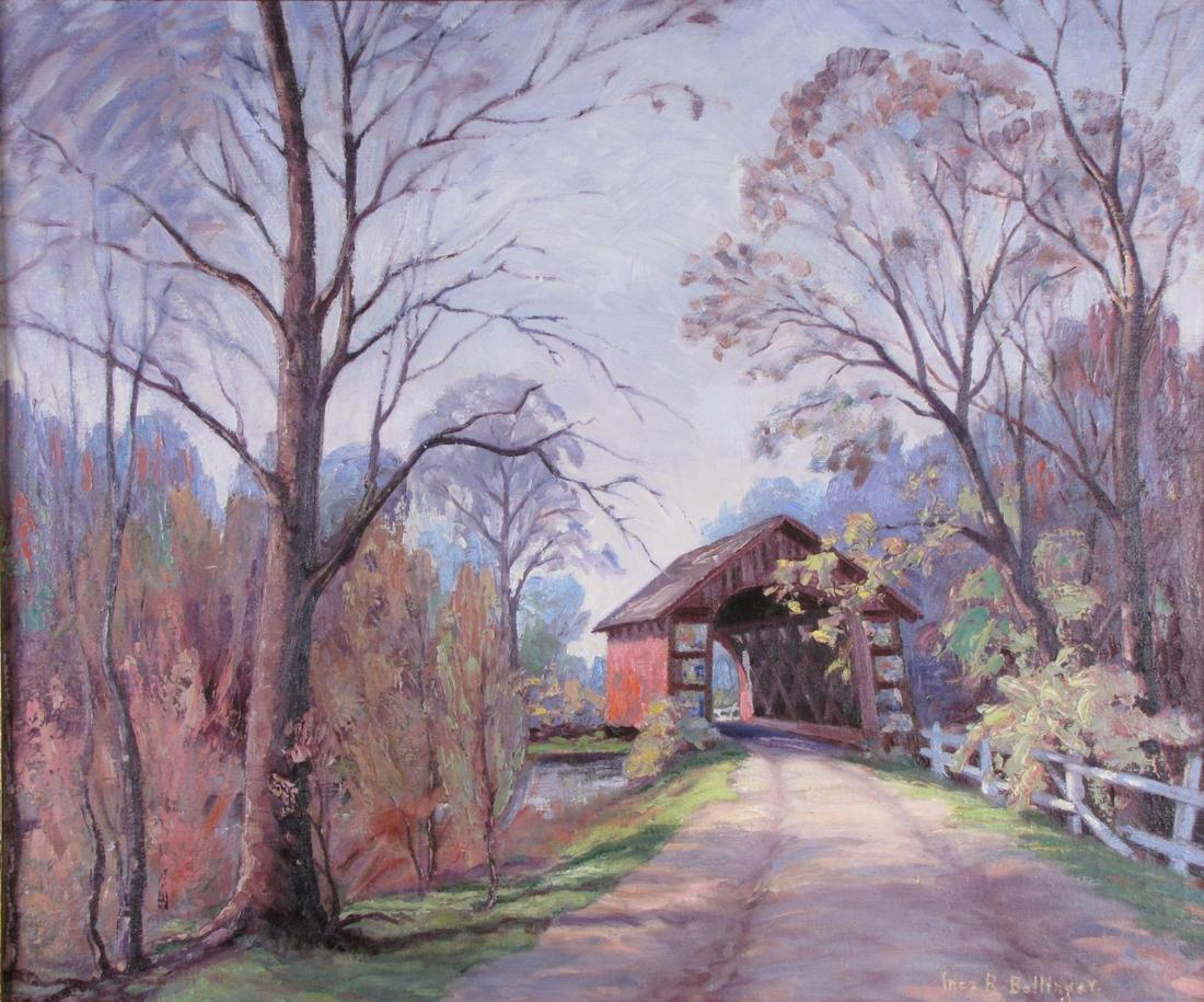 Inez Bollinger 30x36 O/C Eel River Bridge: Inez Bollinger (IN,1887 - 1967) 30x36 , O/C , signed lower right , Eel River Bridge Stockdale, Miami Cty, IN, Eel River Covered Bridge, in autumn