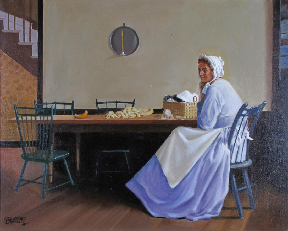 Crawford Donnelly 24x30 O/C Amish Interior, Woman: Crawford Donnelly (IN, 1914-2001) 24x30 , O/C , signed lower left, 1981 , Amish Interior, Woman , Depicting: woman at farmhouse table Condition: shows repair lower middle a rare oil from this Indiana