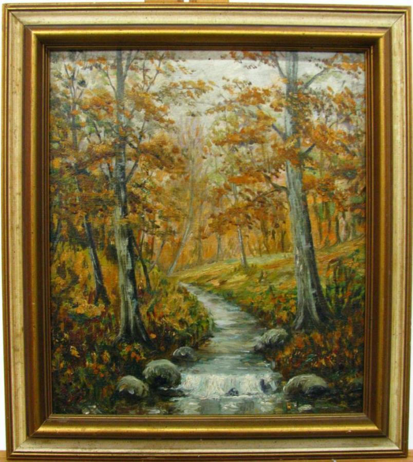 Attr. JW Hardrick 15.5x13.5 O/B Autumn Woods: Attr. JW Hardrick IN, 1893-1968 15.5x13.5 , O/B , Unsigned , Autumn Woods , Depicting: Interior Autumn Woods with Foot Path Provenance Letter of attribution from previous owner attached verso