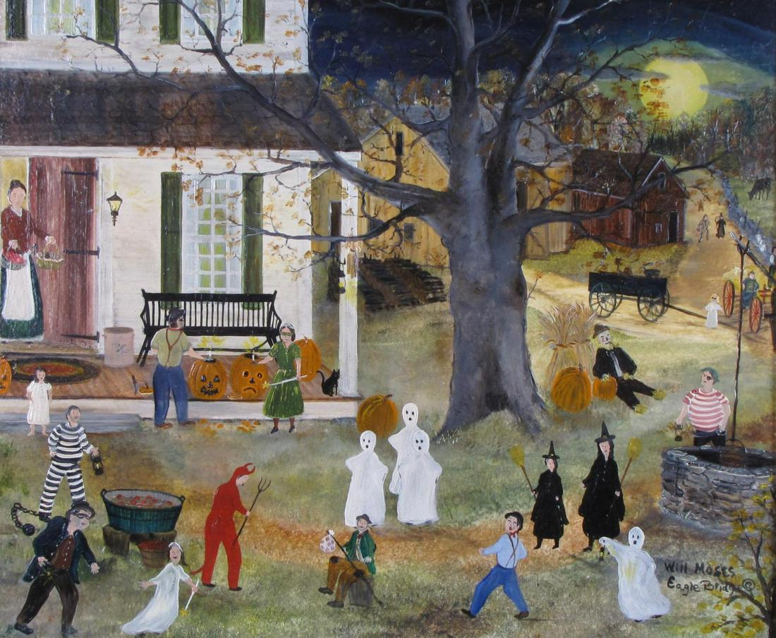Will Moses 10x12 O/B "Halloween Party": Will Moses (NY, b 1956) 10x12 , O/B , signed lower right , "Halloween Party" , Depicting: figures in costume also inscribed Eagle Bridge below signature