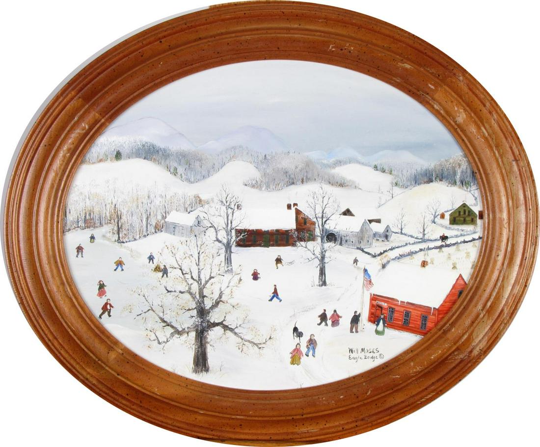 Will Moses 8x10 oval O/B "School's Out...": Will Moses (NY, b 1956) 8x10 oval , O/B , signed lower right , "School's Out..." , Depicting: winter scene , Titled: "School's Out, Let's Skate" tag verso