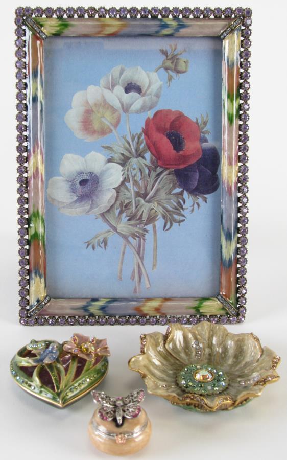 Four Jay Strongwater Decorative Accessories: Four Jay Strongwater Decorative Accessories, including: Picture frame with enameled and jeweled exterior, pierced frame stand with jewel decoration; heart shaped dresser box with bird and floral decor