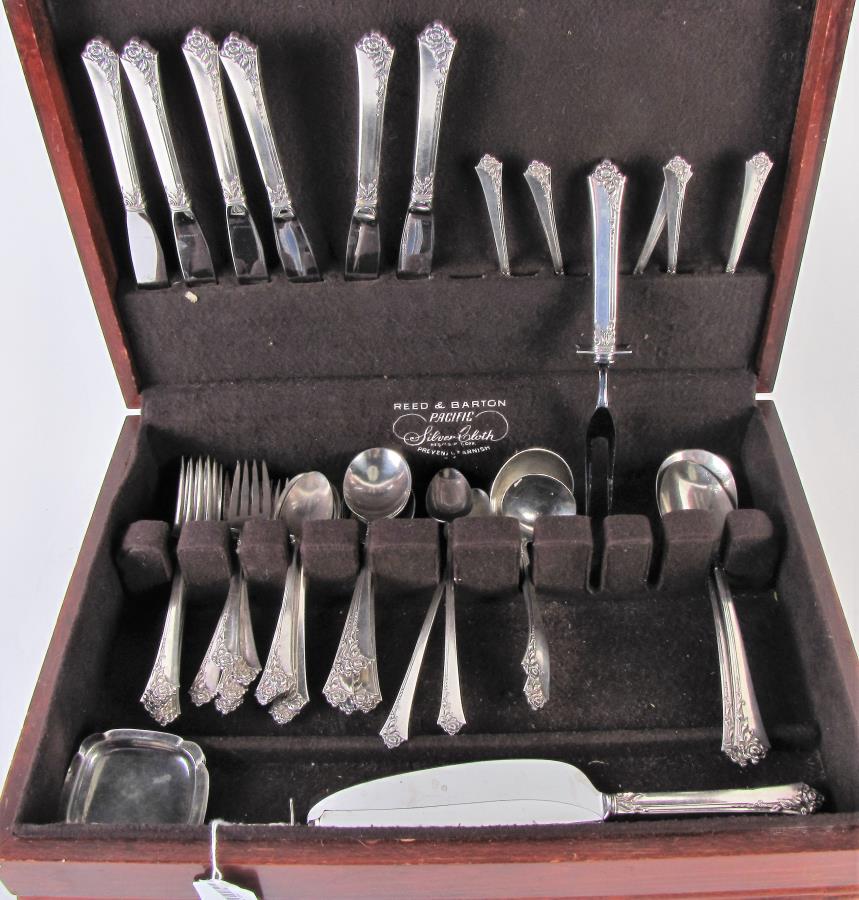 Set of Heirloom Sterling "Damask Rose" Flatware: Set of Heirloom Sterling "Damask Rose" Flatware, 52 pieces including: (9) teaspoons; (7) soup spoons; (6) dinner forks; (6) salad forks; (6) knives; (5) butter knives; (2) serving spoons; (2) ladles;