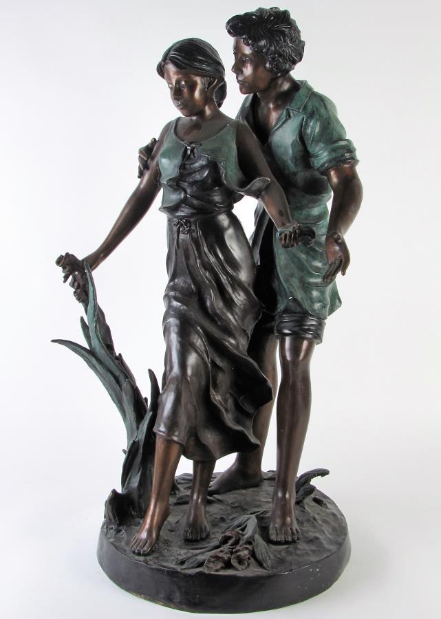 After A. Moreau, Figural Bronze Grouping: A figural bronze grouping after the original by A Moreau (France, 1861 - 1906), ca mid 20th century, depicting a romantic couple, 15' dia at base, 31.5"h