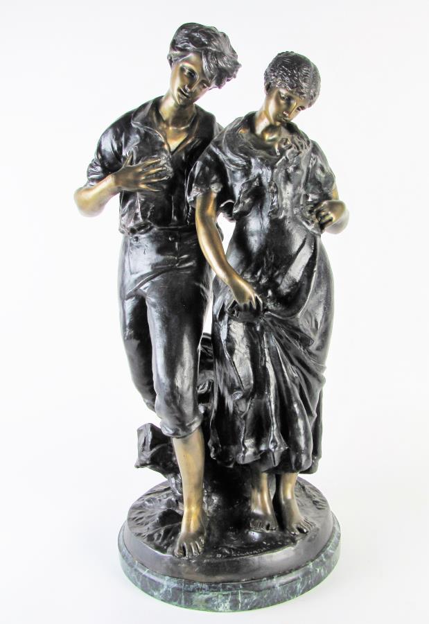 Figural Bronze Grouping, After Madrassi: A figural bronze grouping after the original by Luca Madrassi (Italy, 1848 - 1919), depicting romantic couple, on marble plinth, 12"dia x 28.5"h, 20th century