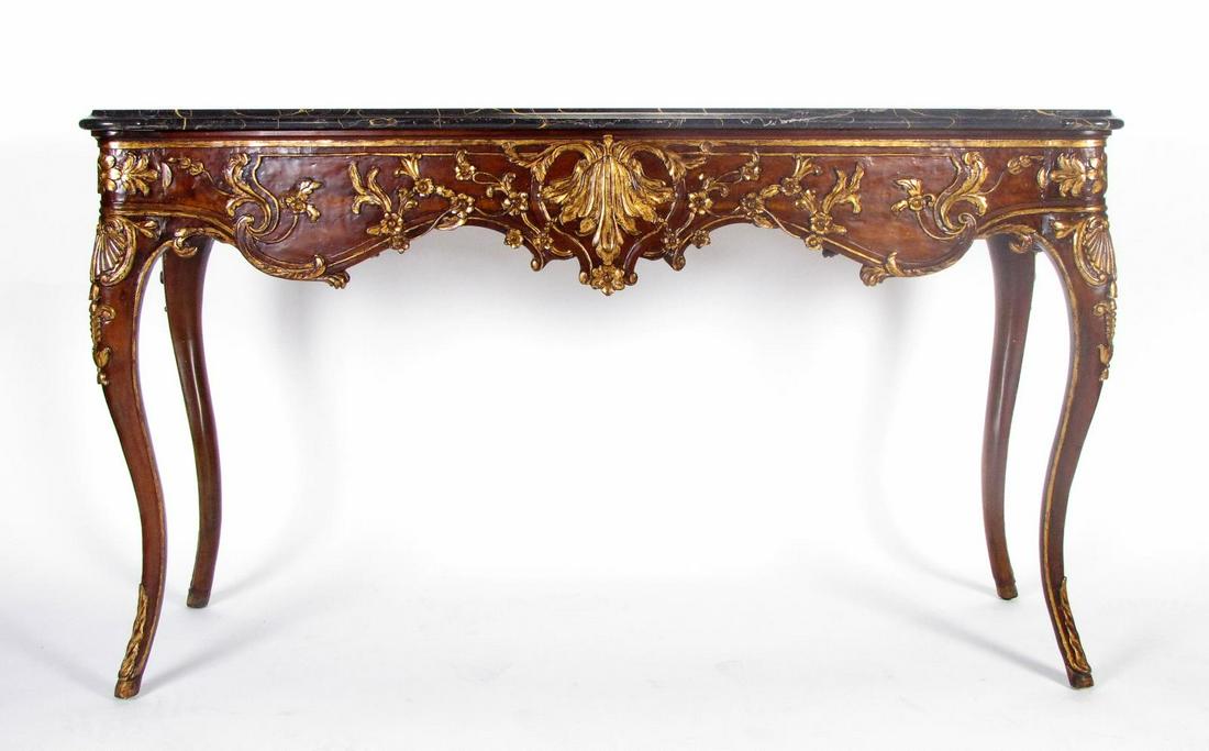 Marble Top Console Table: A console table with black marble top, classic style decoration with gold painted accents, 20th century, 60 x 18.5 x 34"h